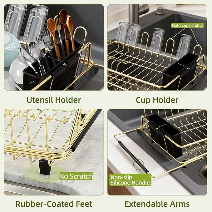 HAYAWEY Golden Expandable Dish Drying Rack-Extra Large Stainless Steel Dish Drainer Over The Sink for Kitchen Countertop with Utensil Holder, Applicable for Sink Width 16'-22' (Gold,23.2'*12.2')