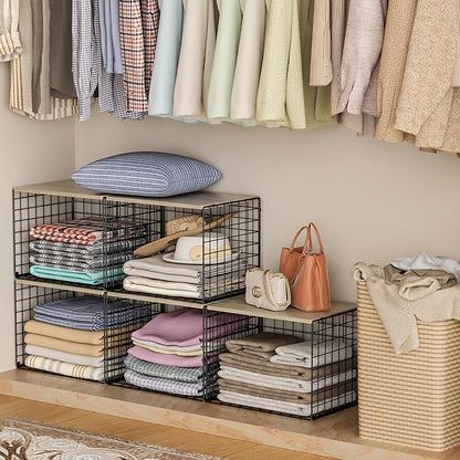 Wider Stackable Closet Organizers and Storage with Wood Top, 3 Pack Closet Shelf Organizer, Double Storage Design, Clothes Storage Cube/Bins Organizer for Wardrobe, Space-Saving, Black,Sturdy,Metal