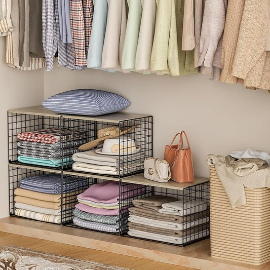 Wider Stackable Closet Organizers and Storage with Wood Top, 3 Pack Closet Shelf Organizer, Double Storage Design, Clothes Storage Cube/Bins Organizer for Wardrobe, Space-Saving, Black,Sturdy,Metal