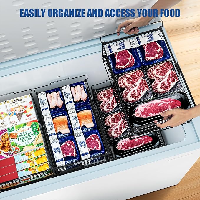 2Pcs Freezer Organizer Bins,11 to 17 inchs Large Scalable Stackable Freezer Storage Containers,Deep Freezer Organizer Bins Effectively Classify Food,Foldable Side Handles for Extra Storage Space