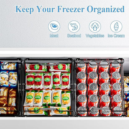 OdoVow Freezer Organizer Bins, 2 Pack Stackable Deep Freezer Organizer Bins, Large Expandable Chest Freezer Containers with Handle, Metal Adjustable Storage Baskets for Kitchen, Pantry (Black)