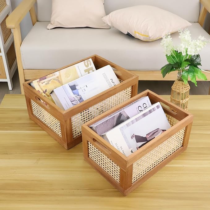 Desktop Storage Basket, Office Drawer Storage Box, Wood Frame Storage Basket with Built-In Handles for Kitchen Pantry, Cabinet, Office, Bedroom, Rustic Country Decor (Brown-Set2)