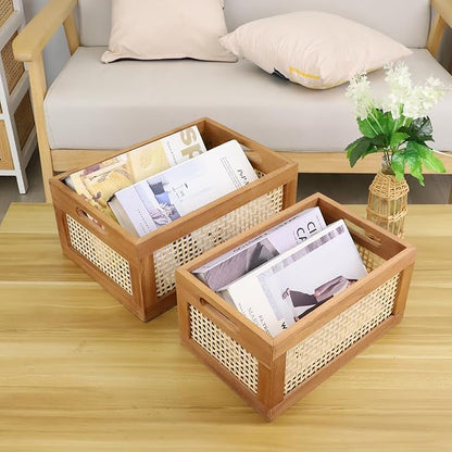 Desktop Storage Basket, Office Drawer Storage Box, Wood Frame Storage Basket with Built-In Handles for Kitchen Pantry, Cabinet, Office, Bedroom, Rustic Country Decor (Brown-Set2)
