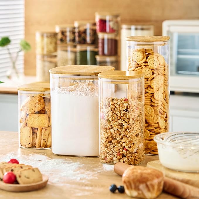 Extra Large Square Glass Flour & Sugar Storage Containers with Airtight Lids, 168 floz & 84 floz - 2 Pack Glass Jars with Bamboo Lids, Air tight Food Storage Containers for Cereal, Pasta, Rice