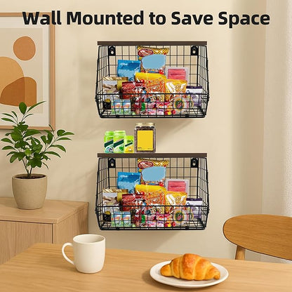2-Pack Hanging Fruit Basket for Kitchen, Wall Mounted Metal Wire Storage Bins w/Wood Lid, Banana Hook, Stackable Vegetable Organiser for Countertop Pantry Produce Fruits Onion and Potato