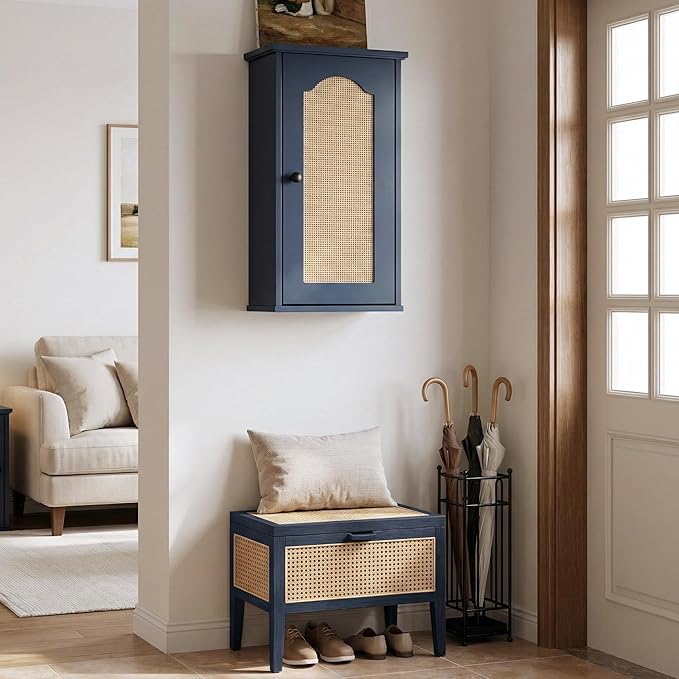 OONNEE Over The Toilet Storage Cabinet, Above Toilet Organizer with Rattan Door, Modern Blue Finish, 13x25 inch Space Saving Bathroom Medicine Cabinet