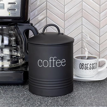 AuldHome Design Enamelware Black Coffee Canister; Modern Farmhouse Style Coffee Storage for Kitchen