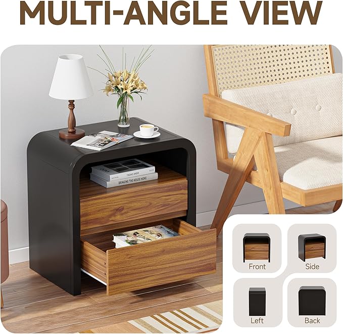 HOCAT 24 inches Black Modern Nightstand, Bedside Table with Curved Anti-Collision Design, Large Night Stand with 2 Storage Drawers and Open Wood Shelf for Bedroom, Farmhouse Side Table, End Table