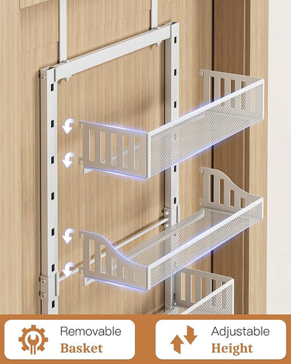Over the Door Pantry Organizer 8-Tier, Large Metal Door Spice Rack with Adjustable Basket, 2 in 1 Wall Mount or Hanging Heavy-Duty Pantry Door Storage Shelf for Kitchen and Bathroom, White