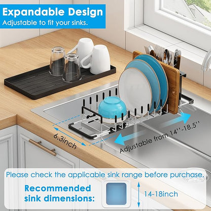 ANTOPY Small Dish Drying Rack - Expandable 304 Stainless Steel Rustproof Dish Rack Over Sink with Silicone Drying Mat & Cutlery Holder, Compact Dish Drainer for Kitchen Counter, Inside Sink, Silver