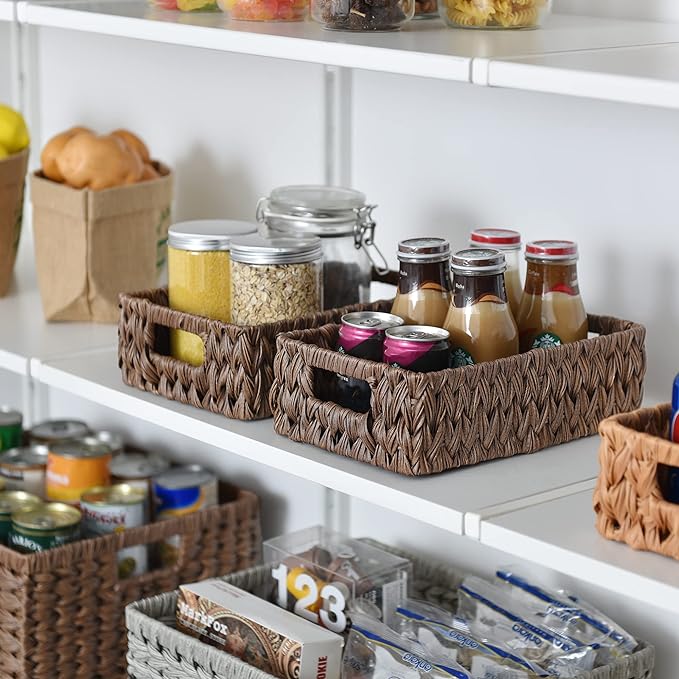 GRANNY SAYS Wicker Baskets with Handles,Small Woven Basket for Storage, Waterproof Storage Basket Organizer,Decorative Storage Boxes for Organing Pantry,Brown Basket,2-Pack,11 1/4''L x 7 1/2''W x 3 1/2''H
