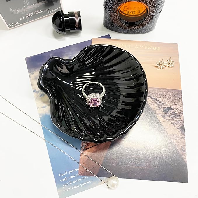 GO2HEJING Shell Shape Ring Holder Dish, Seashell Jewelry Dish Tray, Ceramic Trinket Tray for Rings Earrings Necklaces Bracelet, Birthday Mother's Day Christmas Gift for Mom Friend Sister, 3.9", Black