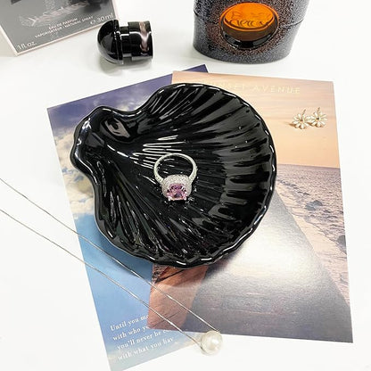 GO2HEJING Shell Shape Ring Holder Dish, Seashell Jewelry Dish Tray, Ceramic Trinket Tray for Rings Earrings Necklaces Bracelet, Birthday Mother's Day Christmas Gift for Mom Friend Sister, 3.9", Black