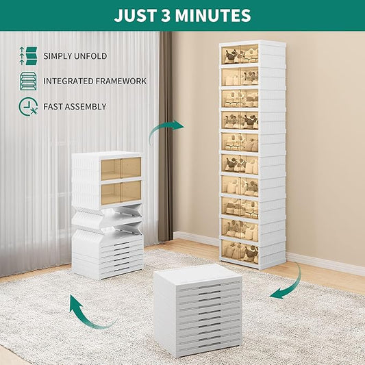 YITAHOME 10 Tier 20 Pairs Foldable Shoe Storage Box, Plastic Shoe Organizer with Magnetic Doors for Closet, Collapsible Sneaker Rack for Entryway Living Room Bedroom (White)