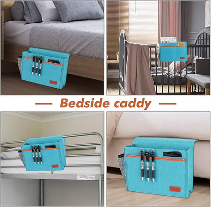 WantuSee Bedside Caddy, Bed Storage Organizer for Remote Controller, Books, Magzine, Laptop Holder, 12.4'' x 8.6'' inch Bedside Hanging Felt Storage Bag for Dorm Bed with 5 Pockets, Celadon