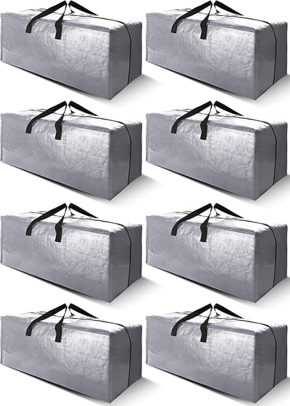 Cosy Family 8 Pack Heavy Duty Extra Large Moving Bags with Backpack Straps - Strong Handles & Zippers, Storage Totes For Space Saving, Fold Flat, Alternative to Moving Box (40 gal, Silver)