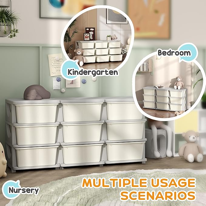 Qaba 3 Tier Kids Storage Unit, Toy Organizers and Storage with 9 Drawer Chest for Kids Bedroom Nursery Kindergarten Living Room for Boys Girls Toddlers, Cream White