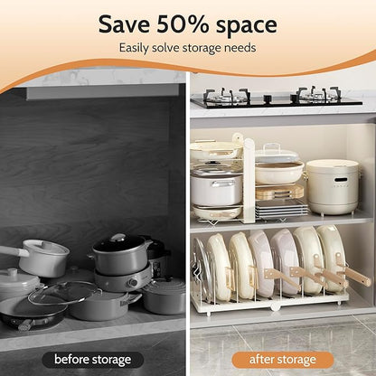 CEHNCEH Pots and Pans Organizer under Cabinet for Cabinet and Countertop Longest 28.5 in Foldable Adjustable 8-Tier Pan Organizer Rack Perfect to Store Pots, Kitchen Cabinet Organizer (White)