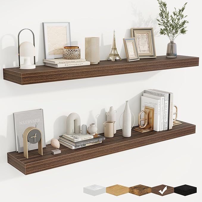 fuqing Floating Shelves for Wall, Wall Mounted Wood Floating Shelf with Invisible Brackets for Living Room, Bathroom, Bedroom, Kitchen Storage and Decor, 48 Inch Set of 2, Walnut
