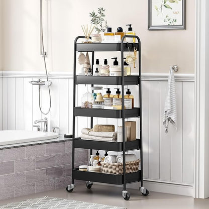 TOOLF 5-Tier Metal Rolling Cart with Wheels, Storage Utility Organizer Cart for Kitchen, Bathroom, Office, Baby Essentials & Makeup - Lockable Casters, Easy Assembly, Large Capacity, Black