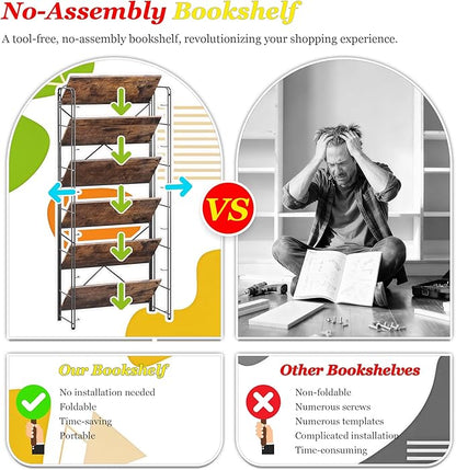 UDD Folding Bookshelf No Assembly, 65"H x 23.7"W, 6 Shelf Foldable Bookcase Industrial Collapsible Bookshelves, Open Storage Book Shelves for Small Spaces Home Office Living Room, Rustic Brown Black