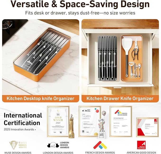 MAD SHARK 2-in-1 Detachable Knife Block & Silverware Organizer, Drawer Knife Holder for 7 Knives, BPA-Free, Blade-Safe Slots, Save Counter Space, Kitchen Drawer or Counter Storage, No Knives