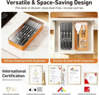 MAD SHARK 2-in-1 Detachable Knife Block & Silverware Organizer, Drawer Knife Holder for 7 Knives, BPA-Free, Blade-Safe Slots, Save Counter Space, Kitchen Drawer or Counter Storage, No Knives