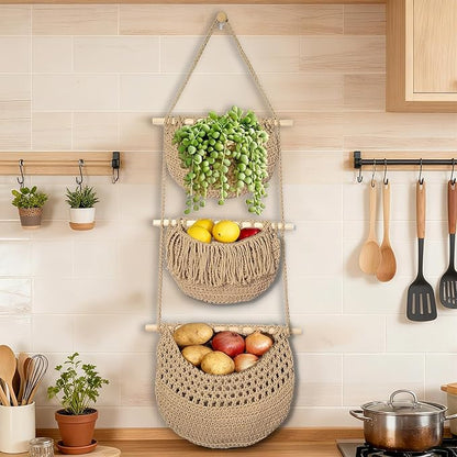 3 Tier Hanging Fruit Baskets for Kitchen, Boho Cotton Rope Handwoven Vegetable Hammock Produce Storage Wall Mounted Large Organizing Basket for Farmhouse Decor, Over The Door, Onion, Potato (Linen)
