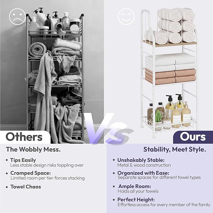 SWTYMIKI Free Standing Towel Rack - 3 Tier Towel Racks for Bathroom with M-Shaped Dividers, Durable Metal Towel Holder, Pool Towel Rack, Space-Saving Towel Storage Organizer, Modern Bath Towel Shelf
