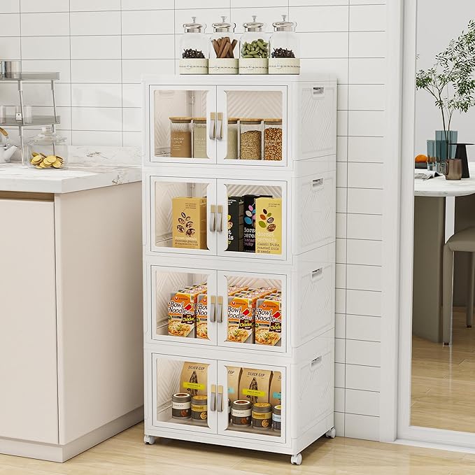 Vavkorkula Large Clear Stackable Storage Bins with Lids, 180QT-45QT*4Tier Foldable Cabinet for Closet Organizers, Plastic Storage Box with Wheels White