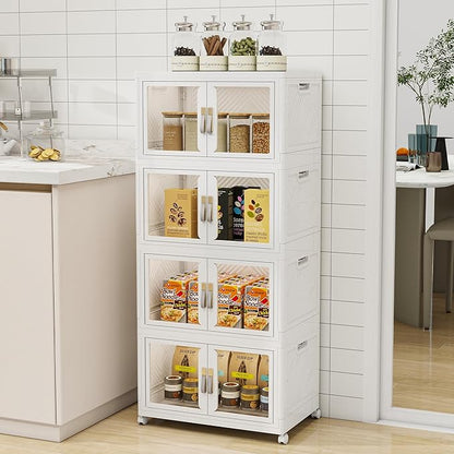 Vavkorkula Large Clear Stackable Storage Bins with Lids, 180QT-45QT*4Tier Foldable Cabinet for Closet Organizers, Plastic Storage Box with Wheels White