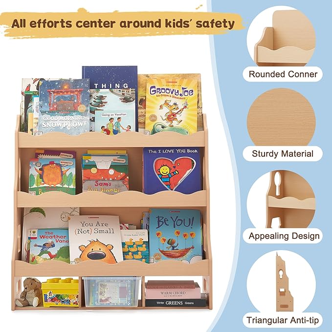 Wooden Kids Bookshelf, Book Shelf for Kids Rooms w/Scalloped Edges, Durable Childrens Bookshelf with 3 Cube Bins for Books & Toys - Toddler Montessori Bookcase Nursery
