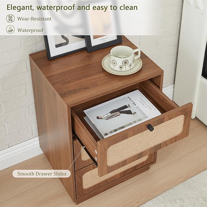 AVZEAR Mid Century Night Stand Set of 2, Modern Nightstand with 3 Drawers and Nature Linen Panel, Wood Bedside Table Rustic End Table for Small Space, Dorm, Bedroom(Walnut)