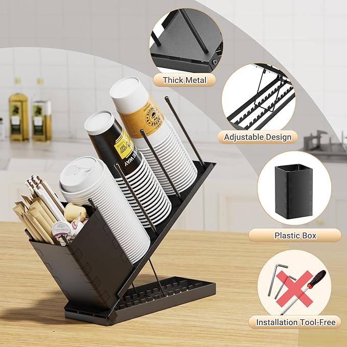 Dunatou Cup and Lid Holder, Adjustable Coffee Cup Holder Organizer, 4 Compartment Coffee Cup Dispenser, Straw Dispenser for Countertop, Coffee Station Bar, Office Breakroom, Black