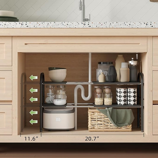 NETEL Under Sink Organizers and Storage, 2 Tier Expandable Under Cabinet Organizer Shelf with 8 Removable Panels,under sink shelf bathroom,Adjustable Shelf for Cupboard