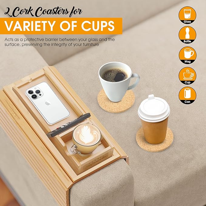 Bamboo Couch Cup Holder Tray with 2 Cork Coasters, Couch Caddy, Anti-Slip Foldable Armrest Sofa Tray, Couch Armrest Table, Anti-Spill Holder for Remote, Snacks, Cellphone - Ideal Gift