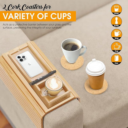 Bamboo Couch Cup Holder Tray with 2 Cork Coasters, Couch Caddy, Anti-Slip Foldable Armrest Sofa Tray, Couch Armrest Table, Anti-Spill Holder for Remote, Snacks, Cellphone - Ideal Gift