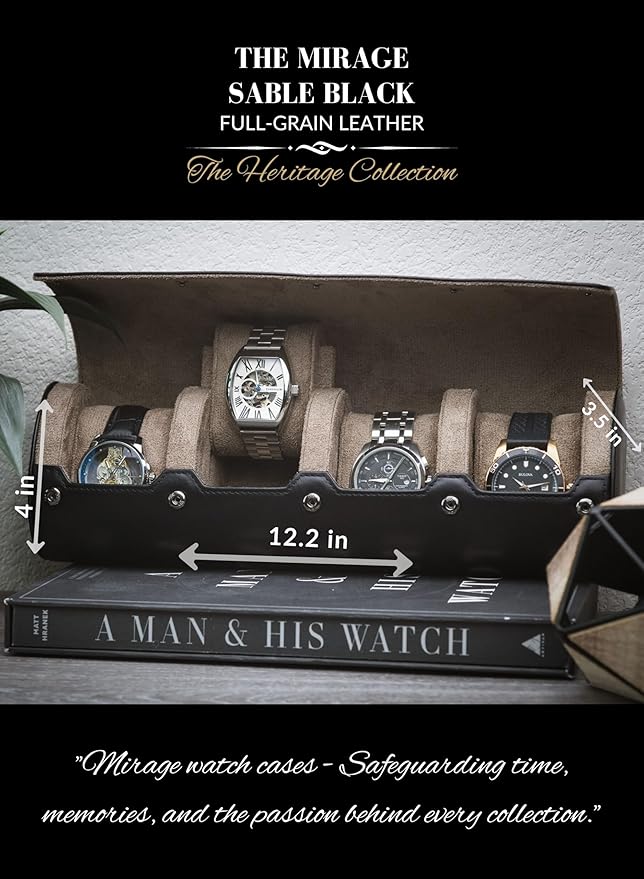 4 Watch Travel Case for Men Watch Roll Leather Watch Case Travel Sable Black Full Grain Cow Leather Mirage Heritage Collection