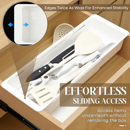 2 Pack Deep Drawer Organizer Bins, Sliding Drawer Organizer Bin Expandable and Adjustable Tray for Kitchen Utensils, BBQ Tools, Towels, Durable Plastic Sliding for Easy Storage(17.4-27.6")