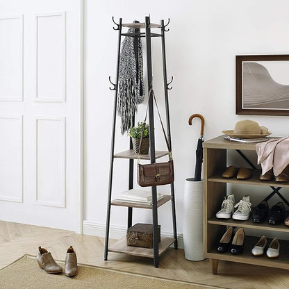 VASAGLE Coat Rack, Coat Stand with 3 Shelves, Hall Tree Free Standing with Hooks for Scarves, Bags, Umbrellas, Steel Frame, Industrial Style, for Entryway, Living Room, Greige and Black ULCR080B02