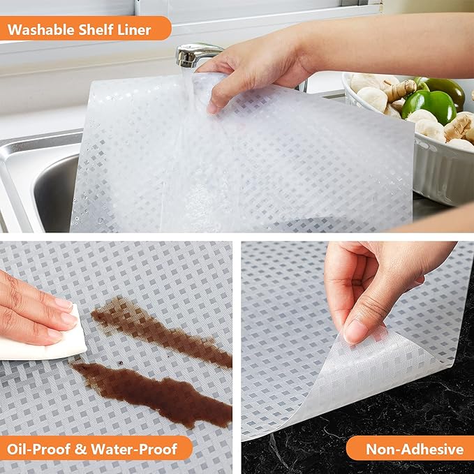 Shelf Liners for Kitchen Cabinets Refrigerator Liners Waterproof & Oil-Proof Kitchen Cupboard Liner Non-Slip Drawer Mats EVA Material Non Adhesive Fridge Liner for Shelves (23.6 x 157.4 inches, Clear)