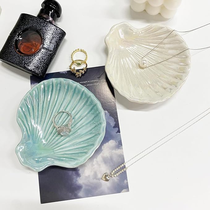 GO2HEJING Ring Dish Shell Shape Ceramic Jewelry Dish Tray, Decorative Trinket Dish Organizing Rings Earrings Necklaces Keys for Mom Friend Sister, 3.9", Blue Iridescent Surface