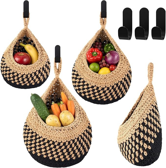 Honeydak Boho Decor Hanging Wall Baskets for Kitchen 3 Pack Teardrop Baskets with Hooks Storage Fruit Onion Vegetable Potato for Home 3 Sizes (Linen with Black,Cotton Rope)