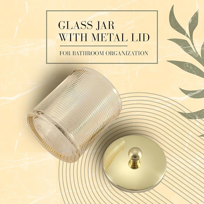Indecor Home Tan Colored Tranlucent Apothecary Ribbed Geometric Etched Glass Jar W/Gold Metal Lid Cover for Bathroom Organization, Cotton Balls, Q Tips, and Small Accessories, Bathroom Storage