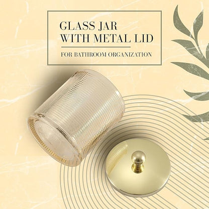 Indecor Home Tan Colored Tranlucent Apothecary Ribbed Geometric Etched Glass Jar W/Gold Metal Lid Cover for Bathroom Organization, Cotton Balls, Q Tips, and Small Accessories, Bathroom Storage