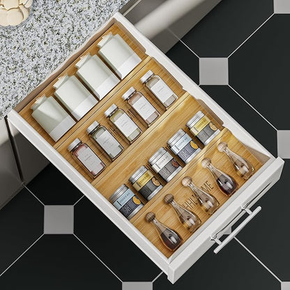 OHHLIHOME Bamboo Spice Drawer Organizer - 4 Pack 13"x4.7"x1.6" Spice Rack Tray - Spice Jars Drawers Insert - Seasoning Organizer for Drawers/Countertop (Jars not included)…