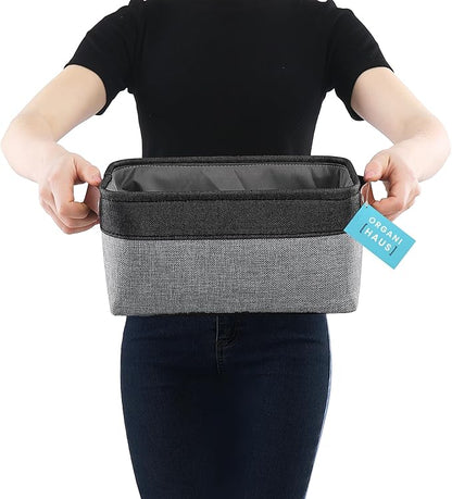 OrganiHaus Small Fabric Storage Baskets for Shelves 3 Pack, 12x08in Closet Storage Bins for Shelves, Canvas Baskets for Organizing, Linen Closet Organizers, Cloth Basket, Gray/Black