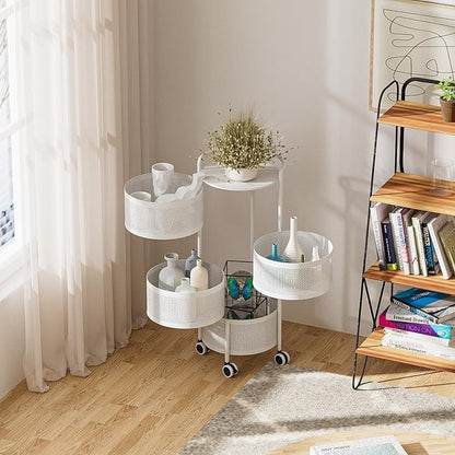 JAQ Rotating Storage Carts No Assembly, 4-Tier Round Storage Basket Rack Shelf Organizer on Rolling Wheels for Fruit Vegetables Grocery Corns Potato Onion Snack in Kitchen Pantry (4-Tier, White)