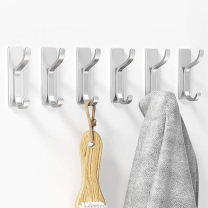 niffgaff Wall Hooks for Coat and Towel: 13lb Adhesive Door Hanger Stick On, Sticky Hook for Wall, Closet, Bathroom - Silver, 6 Pack