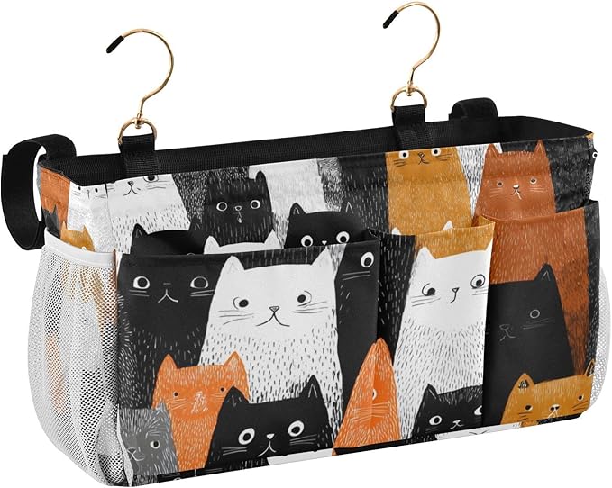 CuwrYet Bedside Caddy Hanging Bunk Bed Caddy Bed Organizer Hanging Pocket with 2 Hooks Bedside Storage Organizer Pocket Bag Holder Black and White Orange Cat